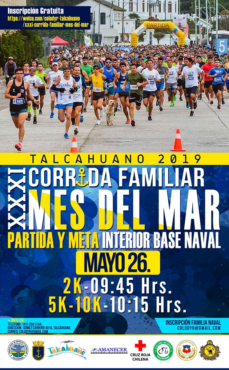 colodyr's tweet photo. CORRIDA FAMILIAR MES DEL MAR TALCAHUANO 2019
Invitamos a todos a participar en la XXXI versión de la esta tradicional prueba atlética de nuestra comuna. La inscripción la pueden realizar en https://t.co/iZBU0RbNkN https://t.co/QG1MTFuAKs