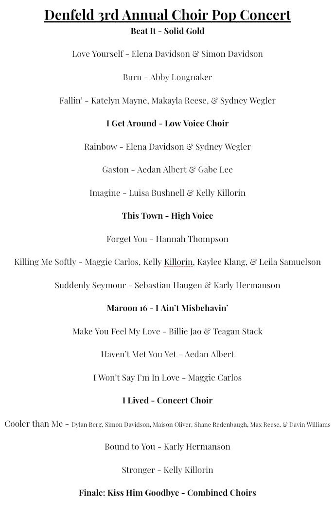 DenfeldChoirs's tweet photo. The 3rd Annual Choir Pop Concert is approaching quickly! Friday, May 24th at 7:00PM in the Denfeld Auditorium. Congrats to the following students who made it past two rounds of 65 auditions! Come and enjoy one of the BEST concerts Denfeld has to offer!! https://t.co/pauG6zzBiD