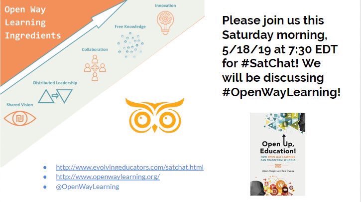 MeehanEDU's tweet image. If you make just one #SatChat this year, make it #OpenWayLearning! This book knocked my socks off, and the brains behind it are really amazing. Tomorrow morning at 7:30 am EST!