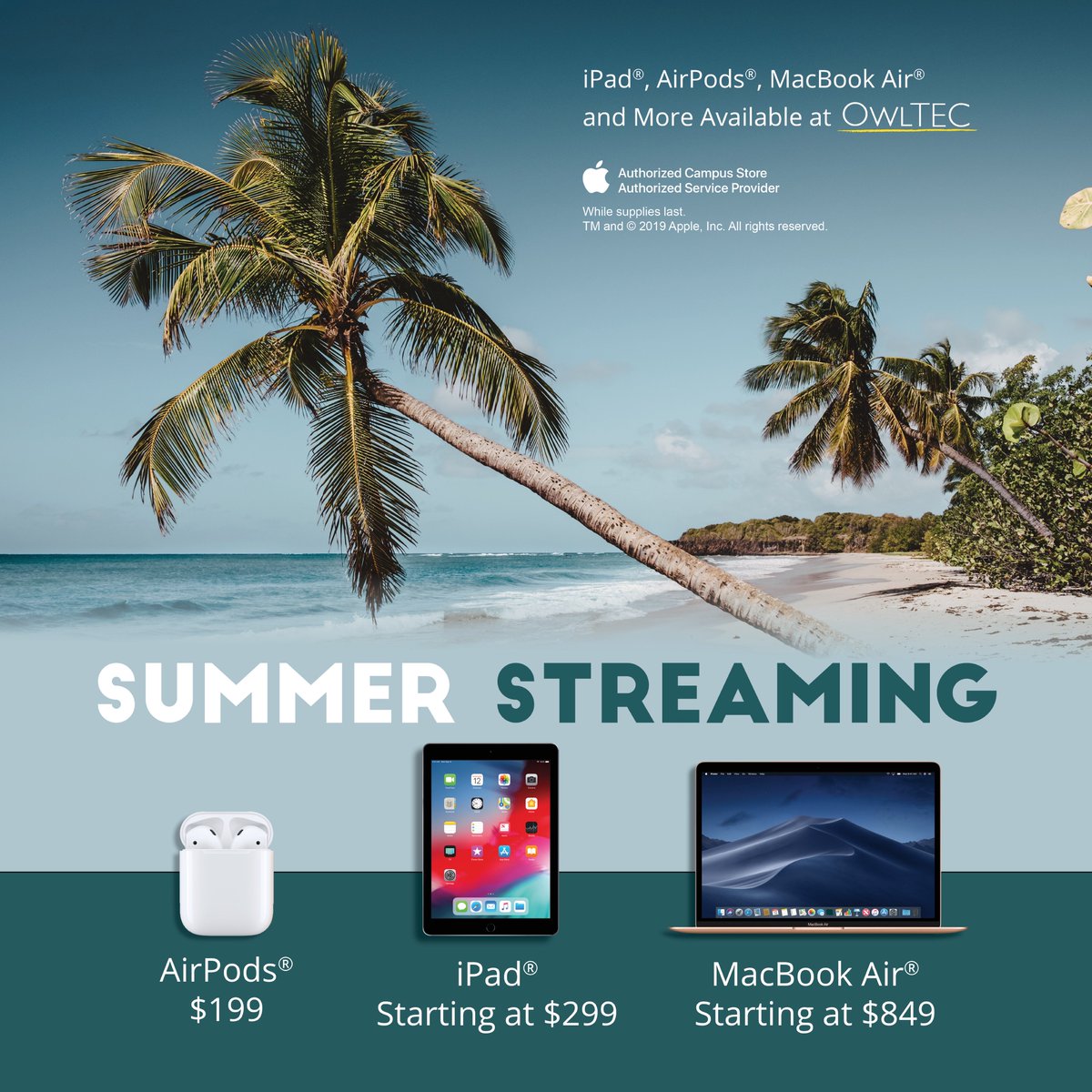 Whether you're studying on the Campus Green, listening to music during your evening run, or tackling your summer reading list beachside, we have all the tech you need for summer streaming at OwlTEC.