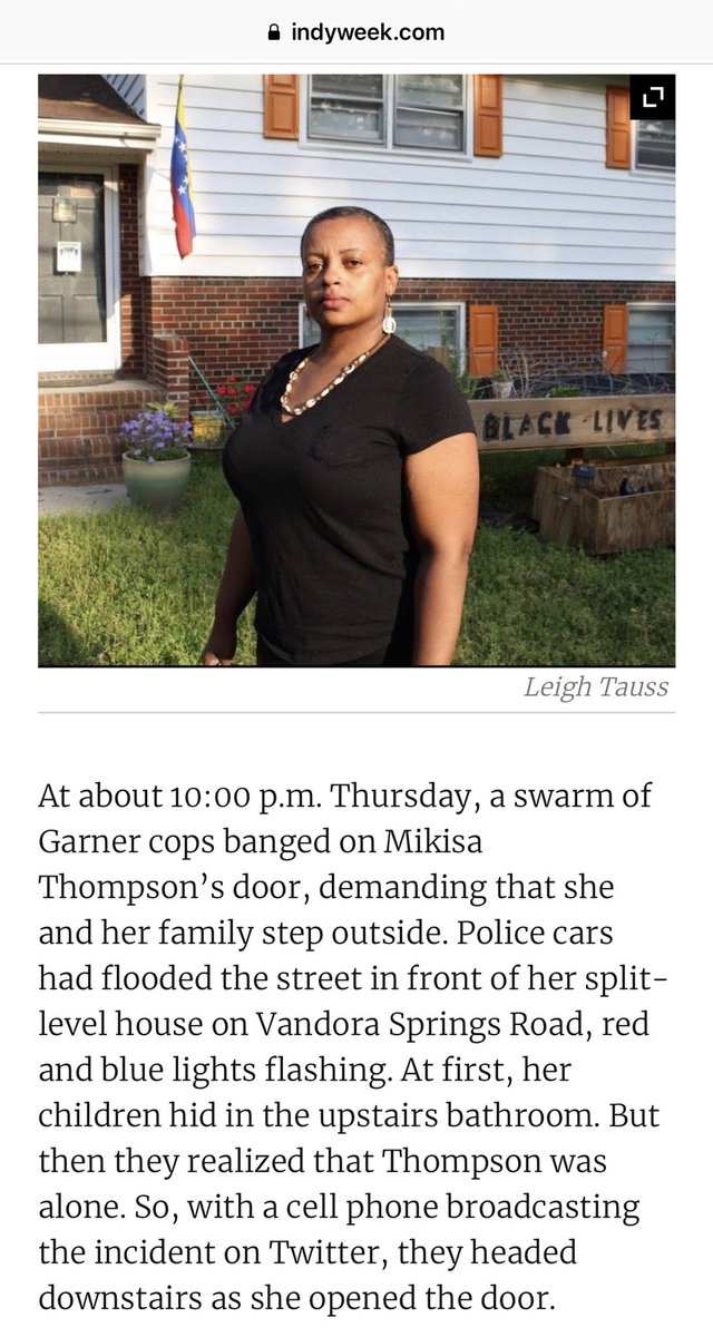 Let's be crystal clear on what we're talking about here: Garner PD did a night raid on a middle class family Over a noise ordinance And Malcolm X https://indyweek.com/news/wake/the-garner-cops-mikisa-thompson-malcolm-x/