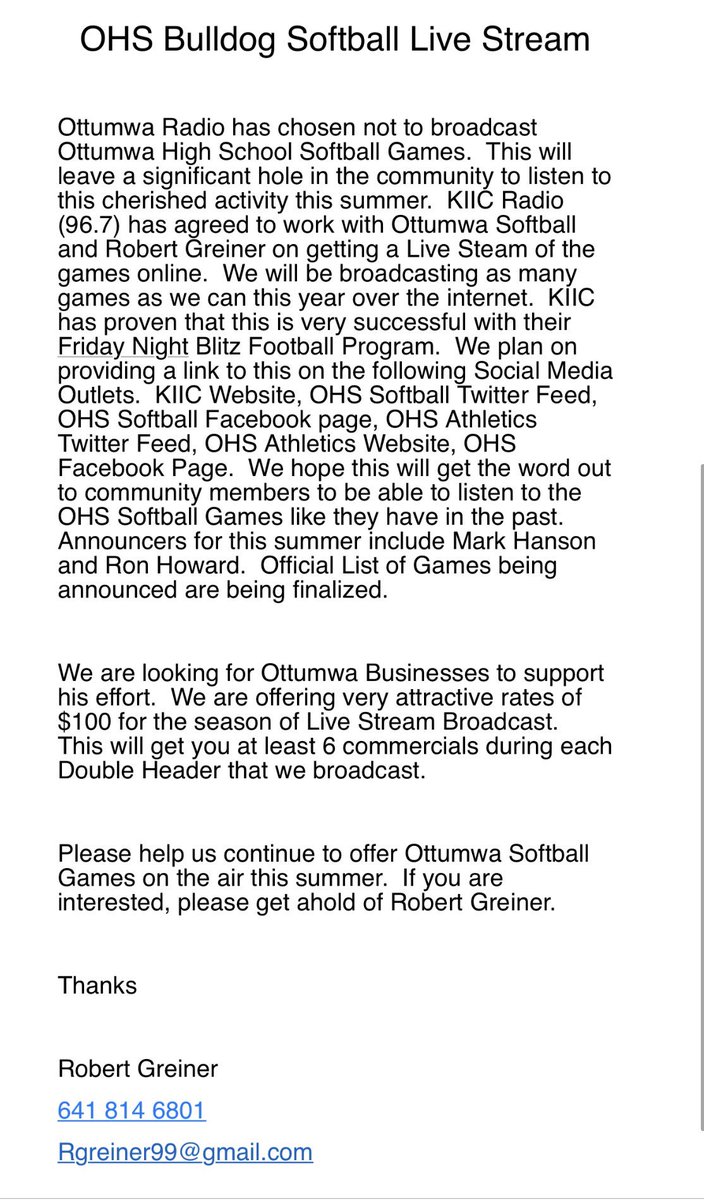 OHS Bulldog Softball Live Stream

Please Help us get Sponsors or the Games will not be broadcast. <a href="/OttumwaSchools/">Ottumwa Schools</a> @OttumwaSS <a href="/OHS_Bulldogs/">Ottumwa High School Activities</a> <a href="/OttumwaSchools/">Ottumwa Schools</a>