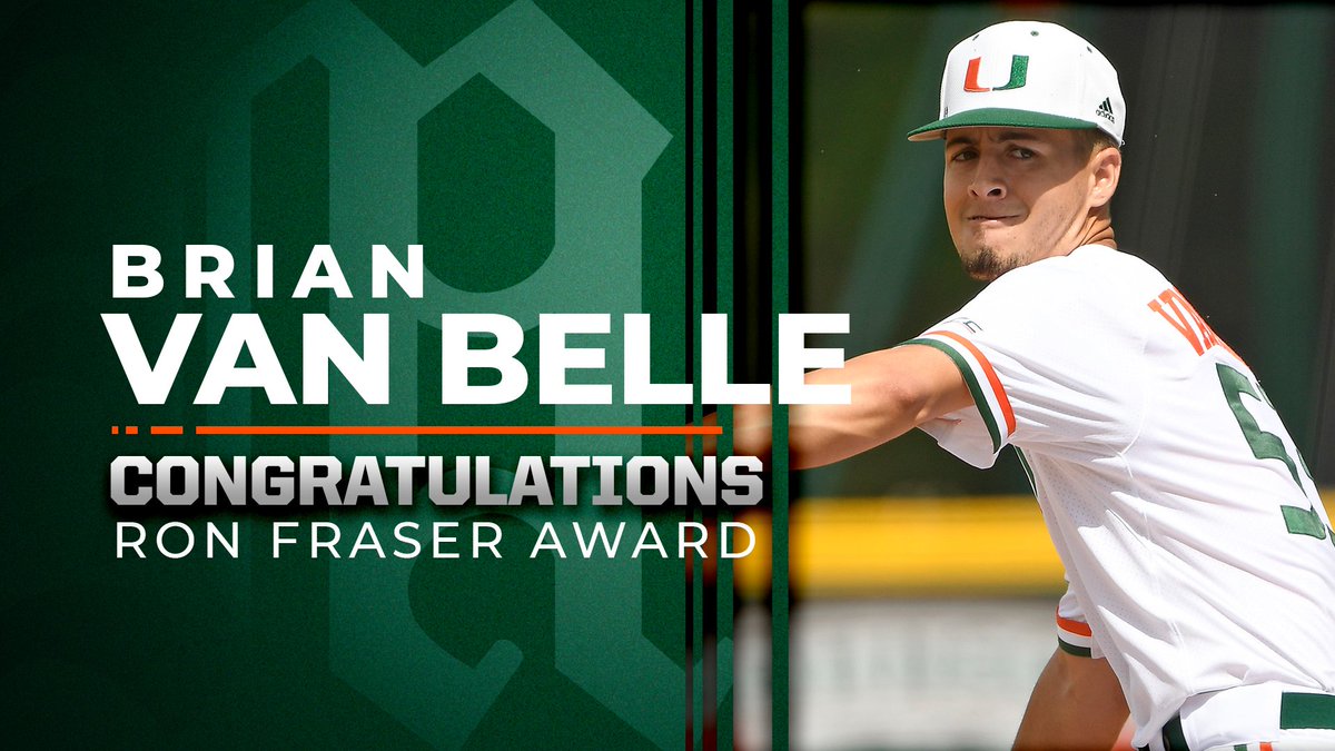 CanesBaseball's tweet photo. The Ron Fraser award goes to Miami’s top pitcher. Congrats to redshirt junior @BrianVanBelle! https://t.co/s0NDxZ80mu