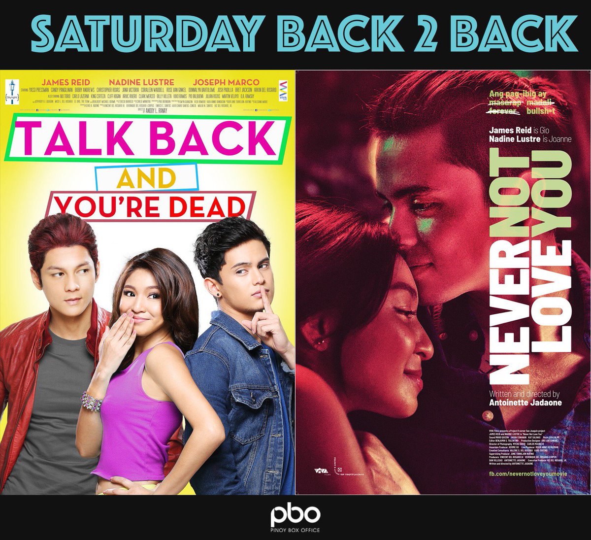 REIDersOfficial's tweet photo. PBO is featuring @tellemjaye for their SATURDAY BACK 2 BACK SPECIAL today! Catch these movies with #JamesReid and #NadineLustre before IdolPH
Talk Back And You’re Dead - 12:15 PM
Never Not Love You - 2:30 PM
#saturdayback2back
Visit: https://t.co/iPq4Yvf1d9
#JaDine https://t.co/hTrCYHk4eH