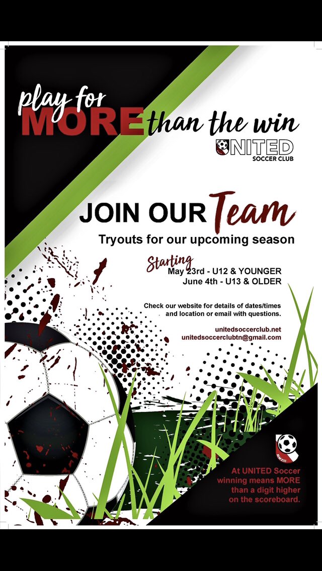 United Soccer Club Tryouts start next week #PlayUnited #BeUnited #Soccer #MoreThanTheWin #CompetitiveSoccer #ClubSoccer #UnitedSoccer