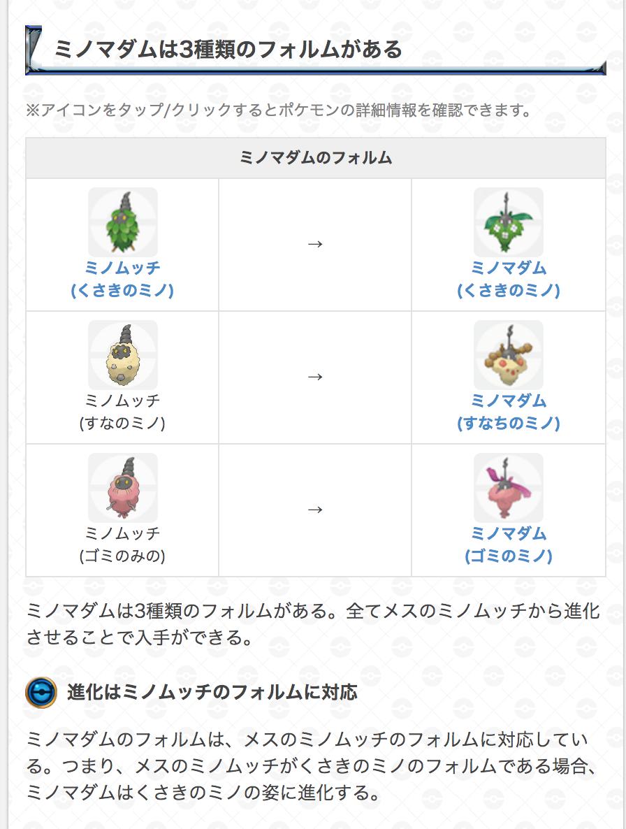 Twitter 上的 ポケモンgo攻略 Gamewith ミノムッチの分岐進化とフォルムについて ミノムッチは はガーメイル はミノマダムに進化します また ミノマダム ミノムッチはそれぞれ3種類フォルムがありますが ミノムッチのフォルムによってどのミノマダムの