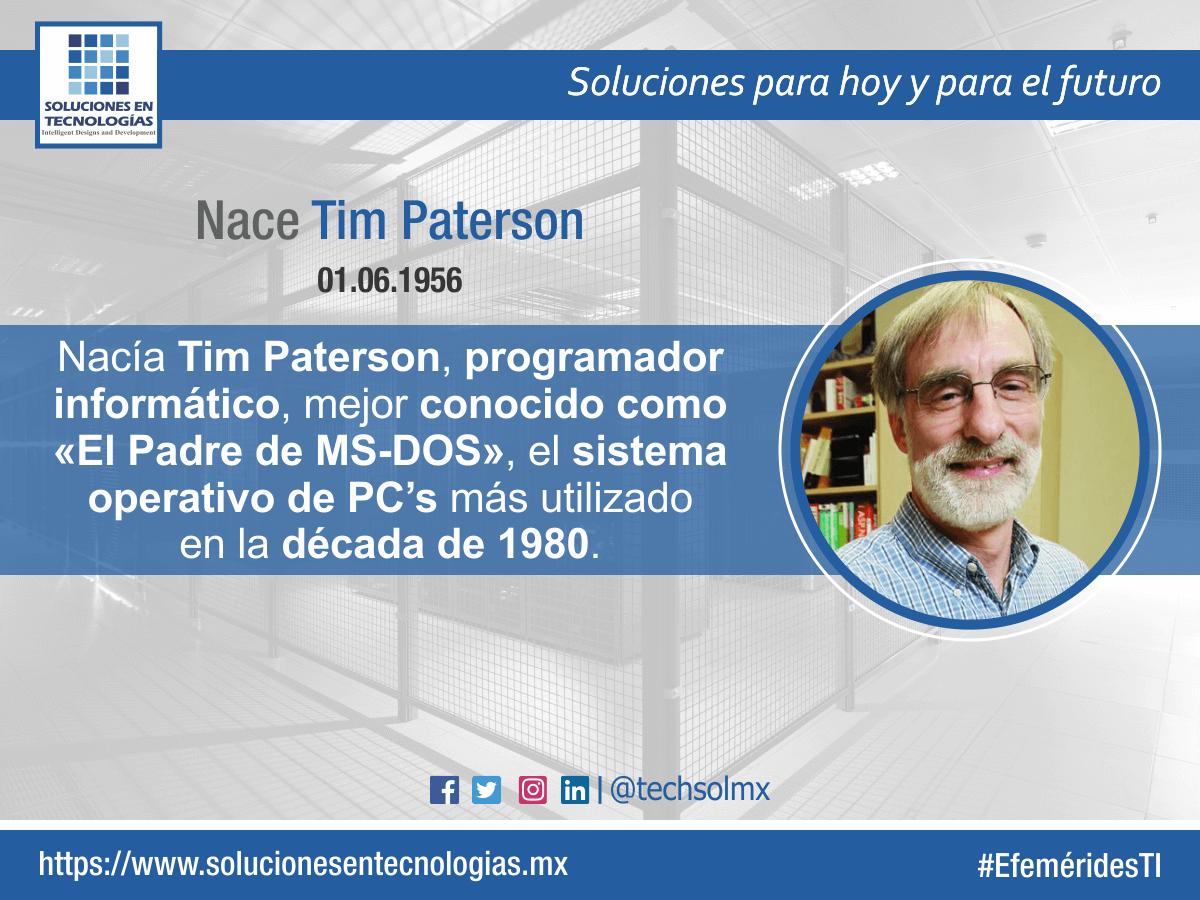 techsolmx's tweet photo. Un día como hoy (01/06/1956): Nacía Tim Paterson, programador informático estadounidense, mejor conocido como «El Padre de MS-DOS», el sistema operativo de computadoras personales más utilizado en la década de 1980. https://t.co/0CrC3wF3xY #EfeméridesTI #TimPaterson #MSDOS #TIC https://t.co/VBCVmc0Ypt