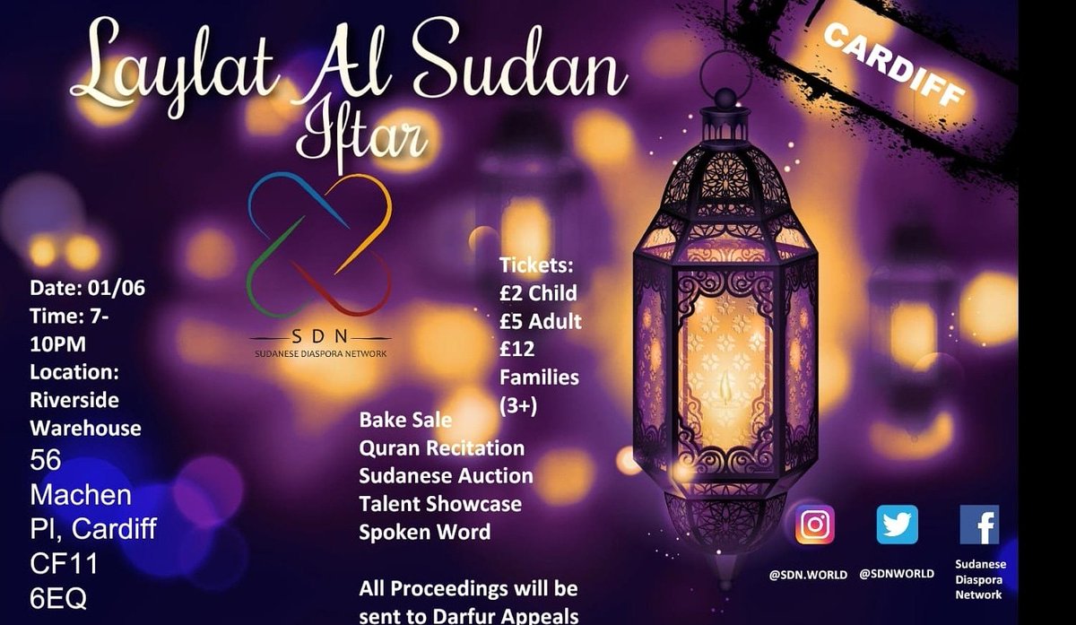 SDNworld's tweet photo. ๐CARDIFF, UK ๐ฌ๐ง *CANCELLED*
Laylat Al Sudan-A Global Iftar
.
.
.
Contact us for any additional inquiries and to learn more about how your city can get involved! ๐๐๐ #SDNStrong #SDNIftar https://t.co/SlZIibAjdl