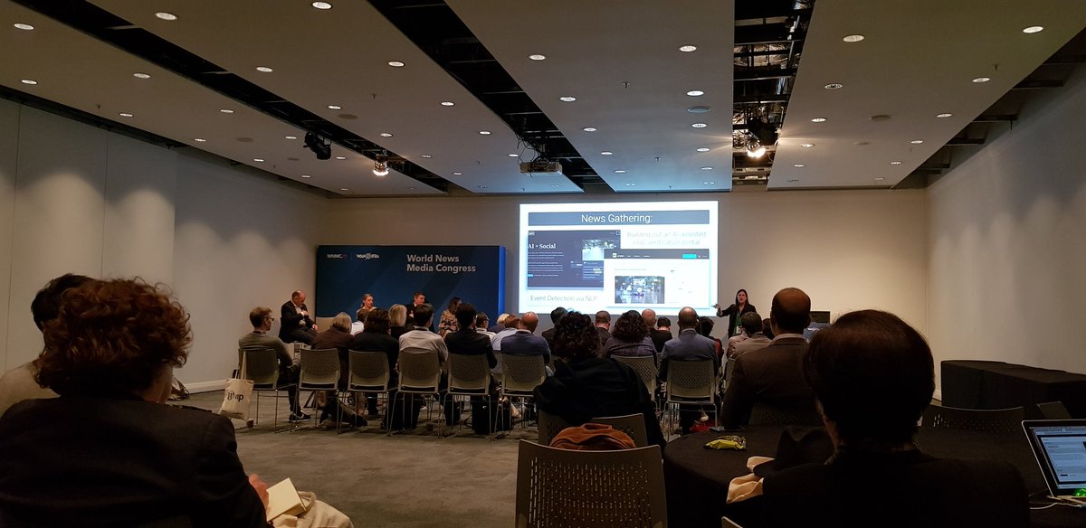 Full house for the innovation strand at #WNMC19 #glasgow. #robojournalism in action with #AP. Love the idea of "infusing innovation" through bringing #startups into the news room. Come see #cpn #personalisation session tomorrow for more! #wanifra #ai #news