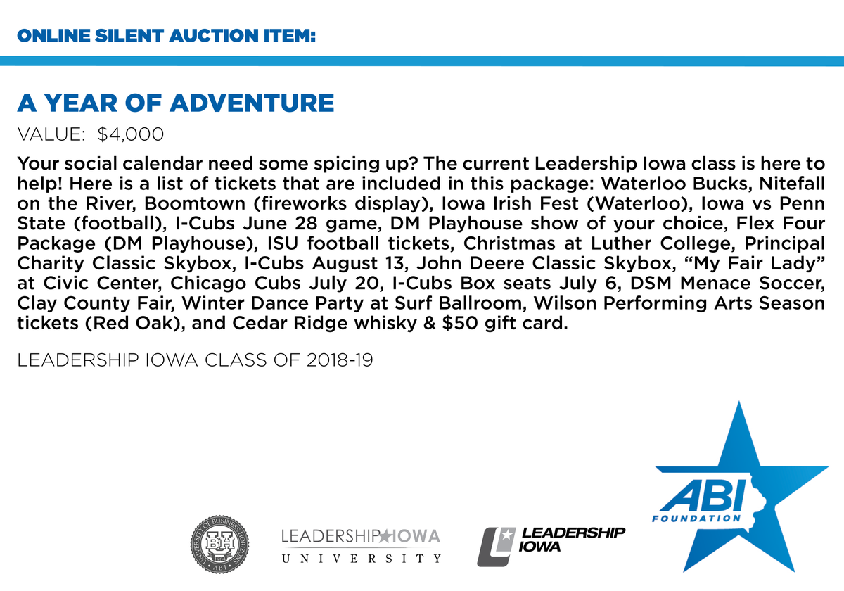 LeadershipIowa's tweet photo. Your social calendar need some spicing up? The current Leadership Iowa class is here to help with sports, arts and activities! For additional information and details contact Becky Coady at https://t.co/DHehPPyLRS or 515-235-0569. BID NOW at https://t.co/gZDFA1lDqe https://t.co/idAfg32KVu