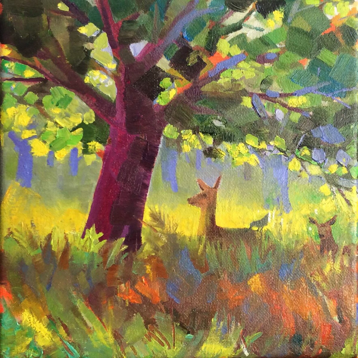 1971SWS's tweet image. SWS member Seana Mallen, having returned from a long spell in California, has been busy oil painting the deer in Richmond Park, filling her work with vibrant Spring light and colour! #Sussexwatercoloursociety #watercolourartists #watercolour #sussex #watercolourpainting