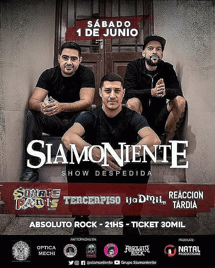 #Asunción Esta noche Siamoniente invita a su show despedida en Absoluto Rock 🎉🎶 grupos invitados: Square Pants, Tercer Piso, Ijademil y Reacción Tardía 🎊 
Entradas a 30.000Gs