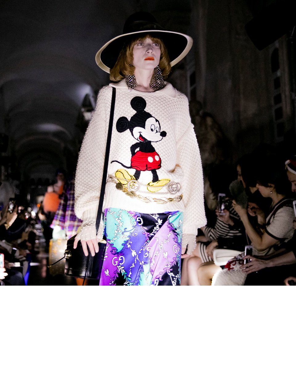 A knit features Mickey Mouse with a flared velvet GG print skirt for #GucciCruise2020 at @museiincomuneroma. #MuseiCapitolini Disney x Gucci ©Disney