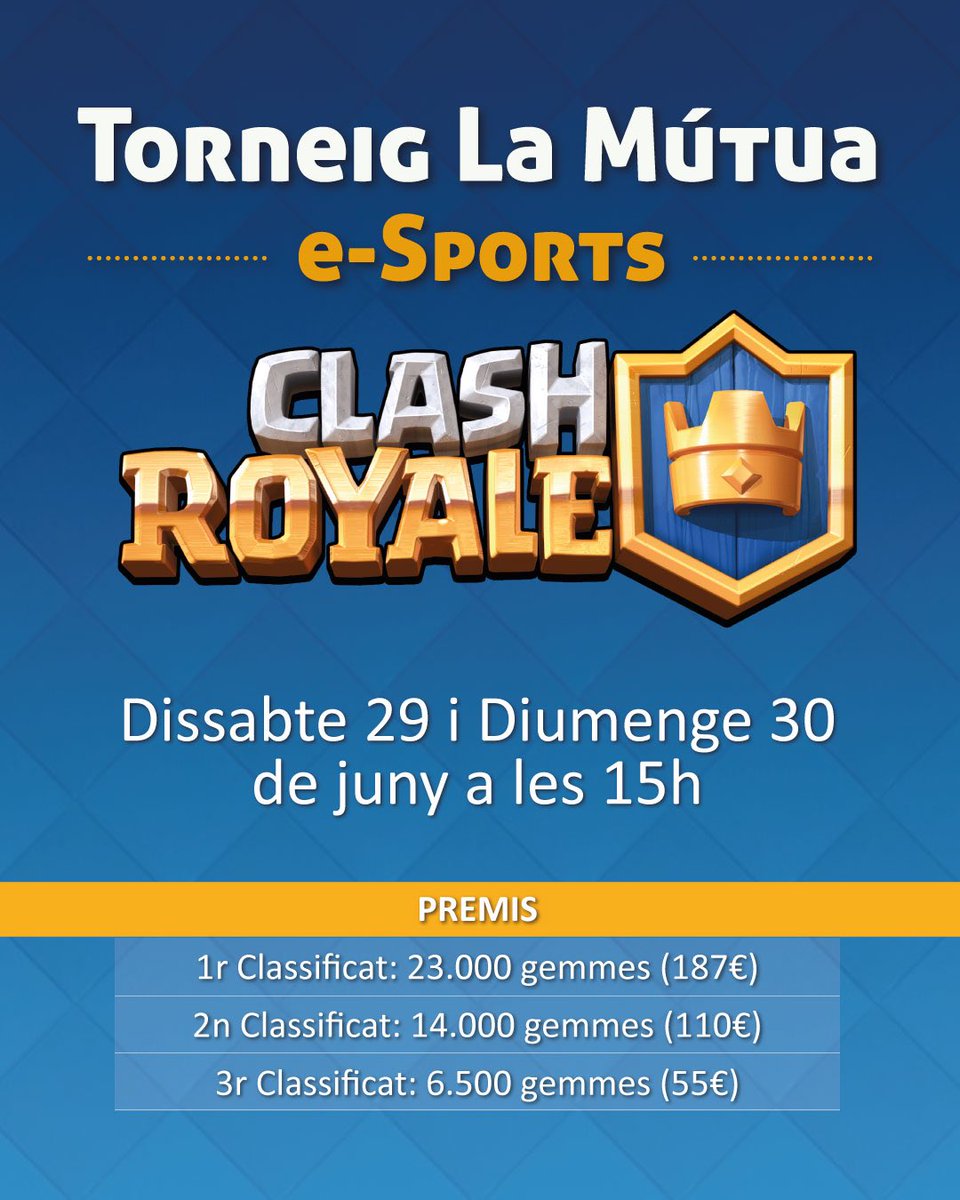 <a href="/LaMutuaKids/">La Mutua kids</a> amb col.laboració amb <a href="/FedCatCR/">ClashRoyale.cat</a> i <a href="/ESportsandFun/">ESports and Fun</a> organitzarem un dels torneigs de <a href="/ClashRoyaleES/">Clash Royale ES</a> més importants de l’any a Catalunya.
Inscripcions: bit.ly/2WgmsKh