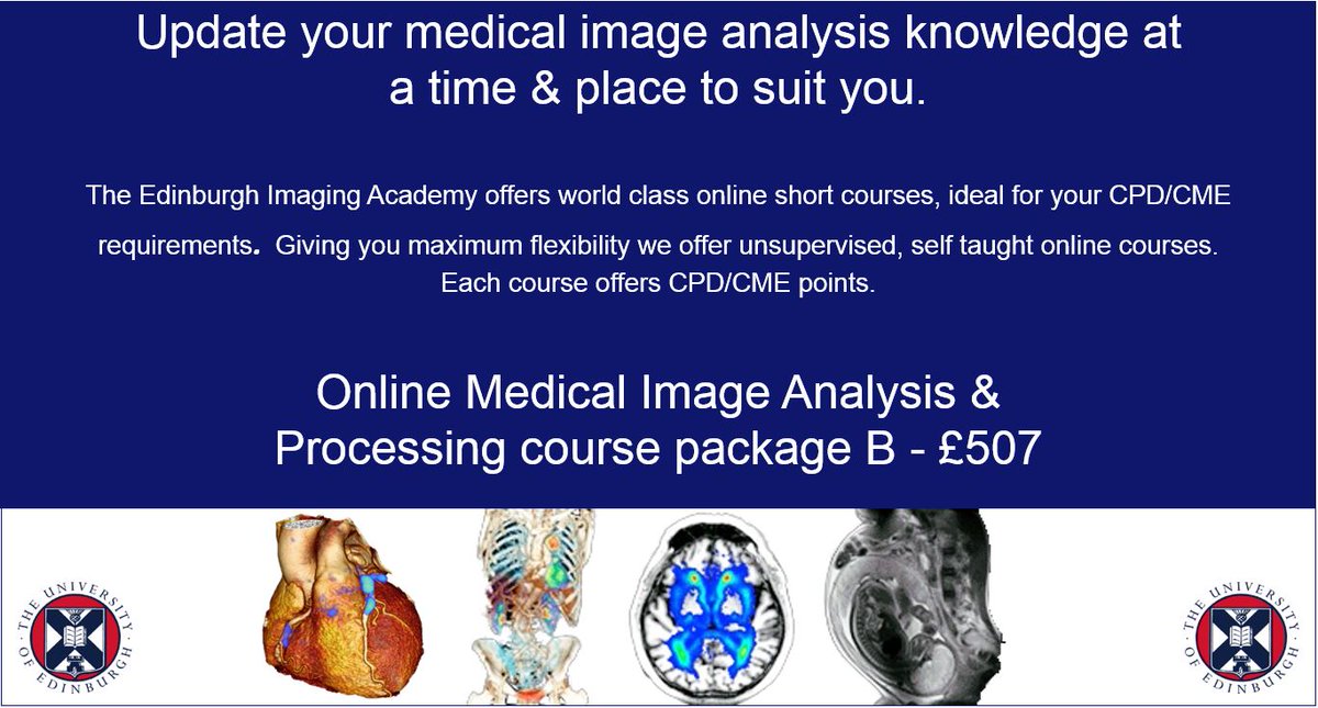 EdinUniNeuroImg's tweet photo. Develop your medical image analysis &amp; processing knowledge with our unsupervised and self-taught course, package B - gain CPD/CME points. https://t.co/A23RaYbMiP #studyonline #imaginganalysis #imageprocessing @Educated_Change @MedIAN_UK https://t.co/RBcfgh6QwV