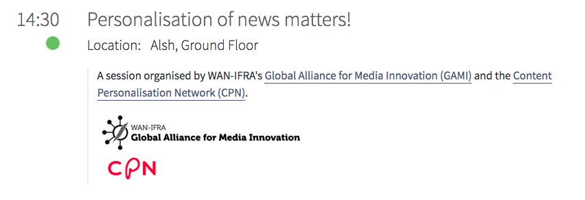 Interested in #news #personalisation and participating in #WNMC19? Don't miss our session tomorrow: we'll discuss current trends in personalisation, the <a href="/project_cpn/">projectCPN</a> initiative, and startups creating new personalisation tools.

👉 events.wan-ifra.org/events/world-n…

<a href="/varpela/">Valtteri Varpela</a> <a href="/twone2/">Tilman | 🇺🇦 | Moved on to Bluesky & Mastodon</a> <a href="/JmeHsn/">Jamie Harrison</a>