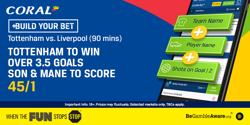 Coral's tweet photo. Fancy an all-action Champions League final?
Tottenham to win ✅
Over 3.5 goals ✅
Son and Mane to score ✅
(90 mins)
We make this #BuildYourBet 45/1 here: https://t.co/rtDV6jPlgP