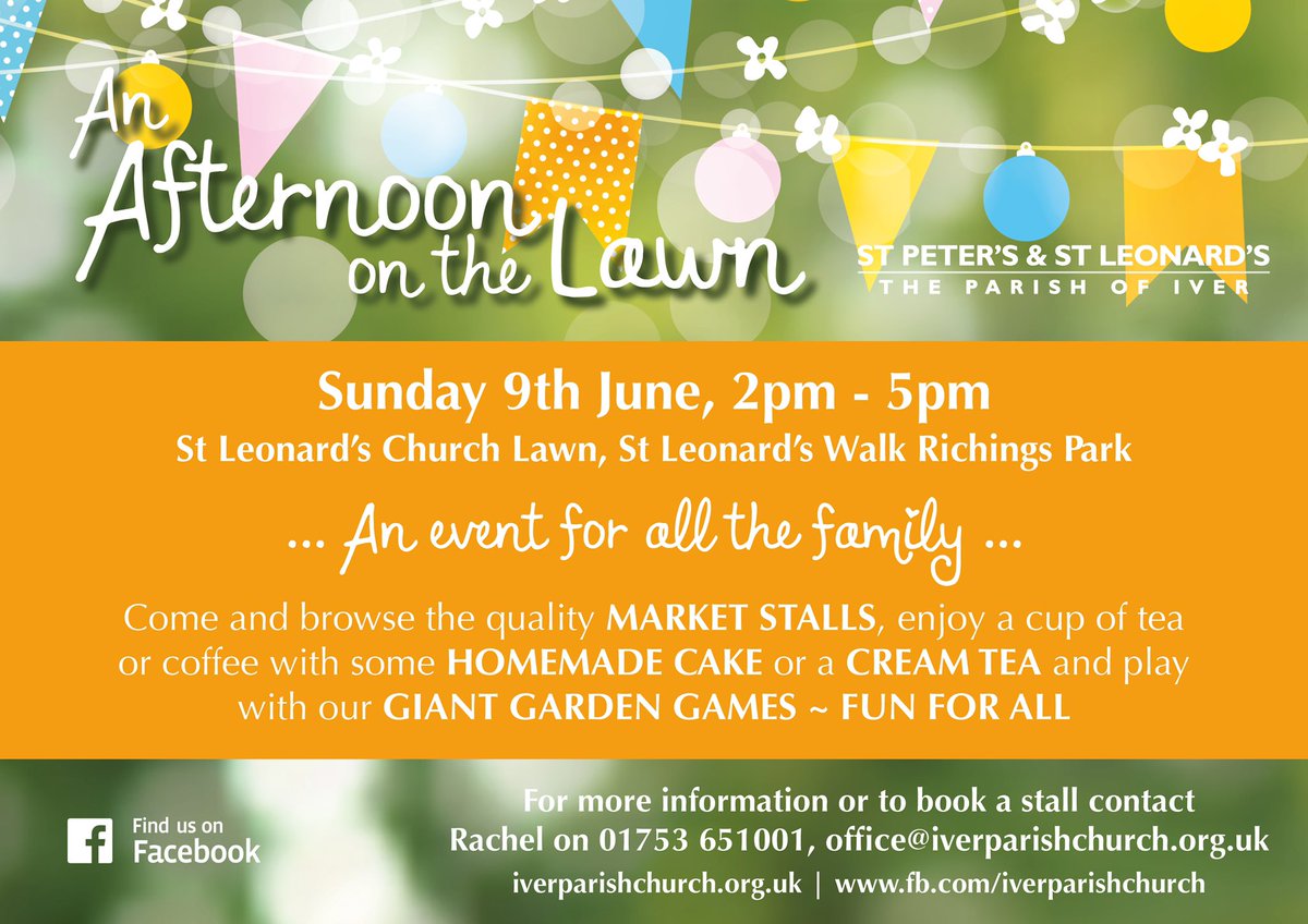 RachelNikolay's tweet photo. Come and join us next Sunday, 9th June for ‘An Afternoon on the Lawn’ an event for all the family with lots of stalls~homemade cakes~cream teas~giant garden games.. fun for all the family @richings_park @Our_Ivers   #familyfun #creamtea #stalls #cakes #community https://t.co/8WoNyzm4AB