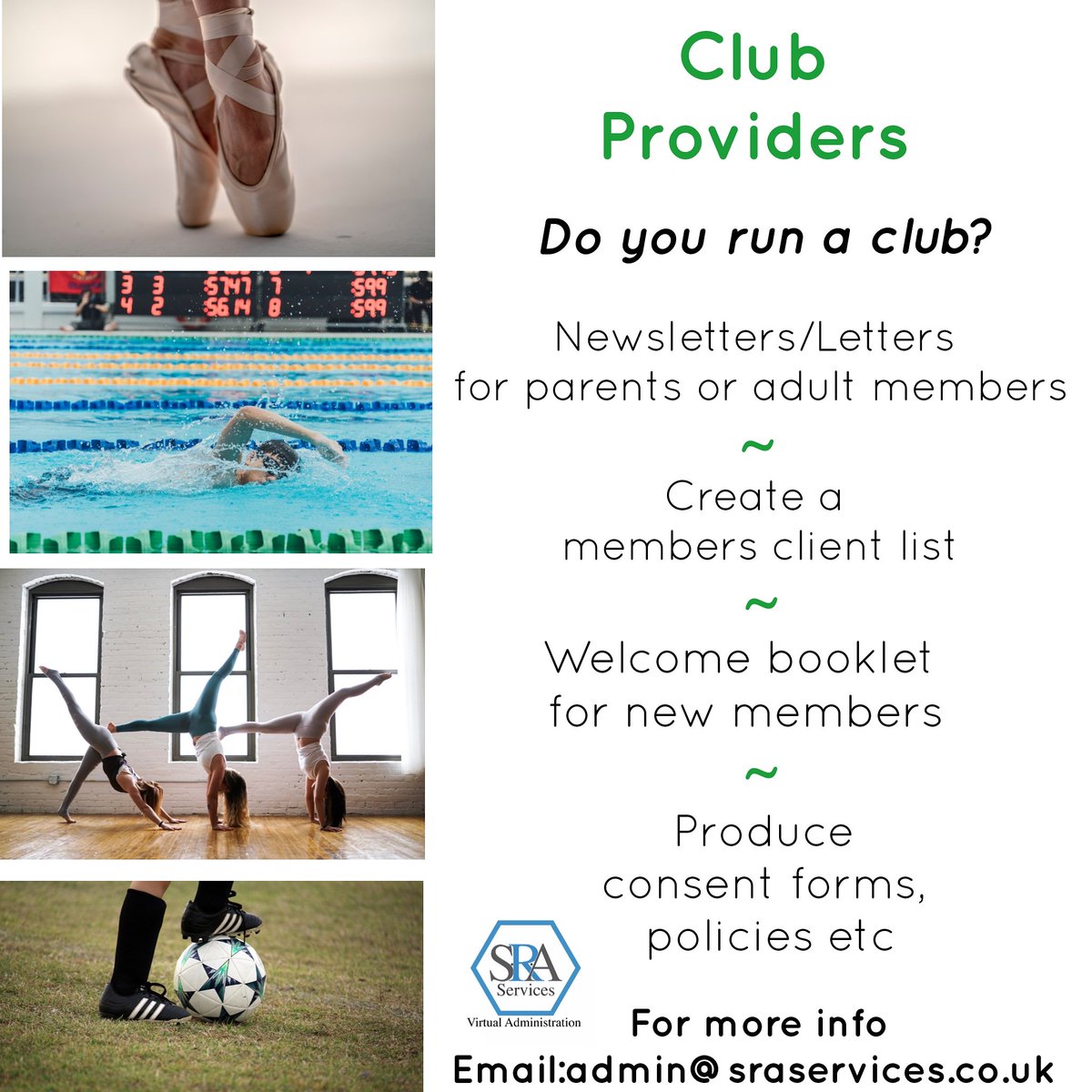 CLUB PROVIDERS
Need admin support?
Email us today:admin@sraservices.co.uk 
#clubs #ballet #gymnastics #swimming #football #rugby #London #uk #Lambeth #Wandsworth #southwark #newham #admin #virtualassistance