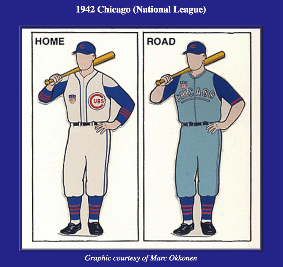 JimLecinski's tweet photo. Here's a time-waster for your Saturday: searchable database of every major league baseball team uniform ever worn.  1942 @Cubs https://t.co/5X0v1aQCK0 https://t.co/VA7py7zNjT