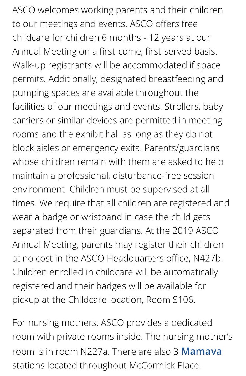 tmprowell's tweet photo. Let's thank @ASCO for their amazing support of working parents at #ASCO19. Free on-site professional childcare w/meals, snacks, water &amp; activities included for kids 6m to 12y. A room for nursing moms (N227A) &amp; 3 Mamavas for #breastfeeding or pumping located across McCormick. https://t.co/eiJ5hIQhVA