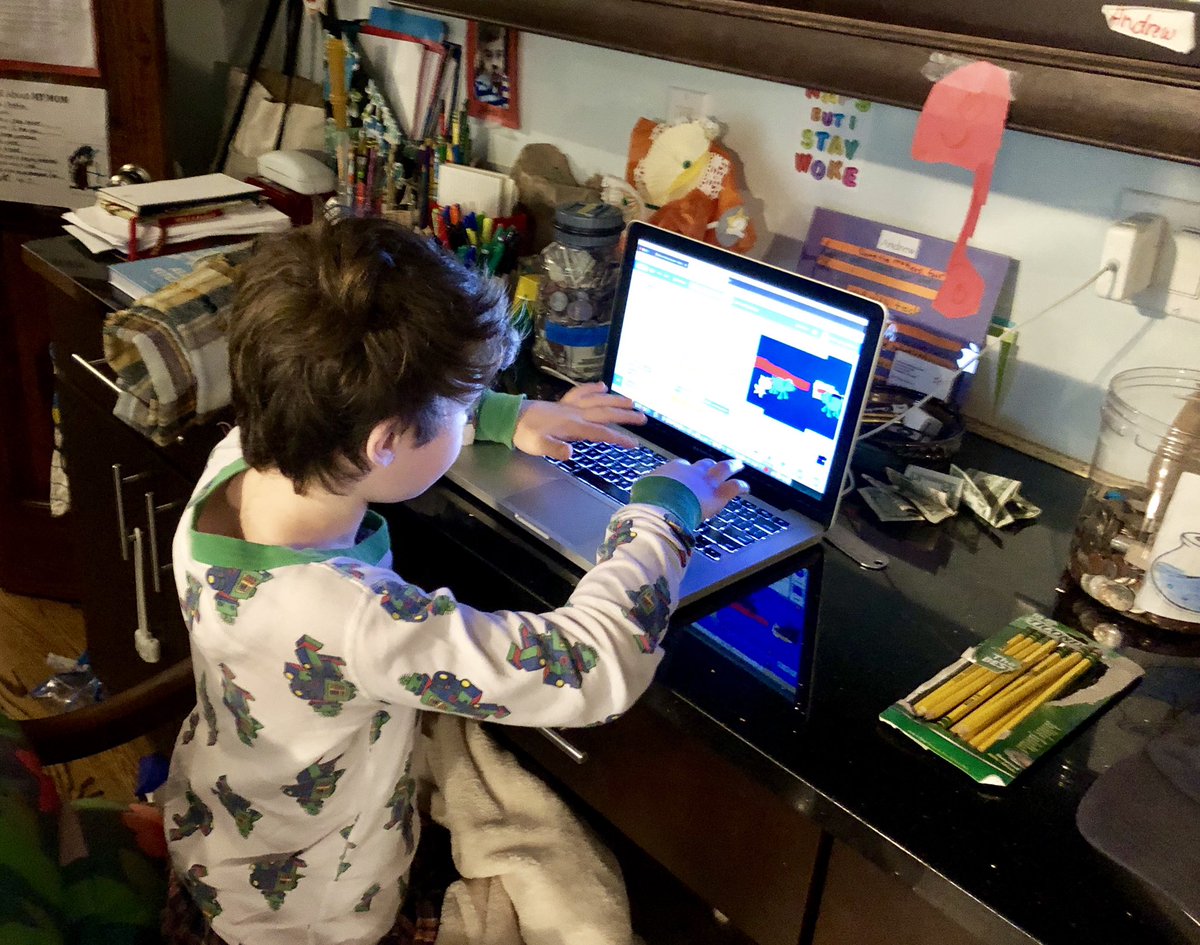 Saturday morning 7:30 am, creating games on @Scratch, excited for the day he can play them and glitch on <a href="/playgamebender/">GameBender</a> on a big tv with a console by <a href="/makeymakey/">Makey Makey</a>