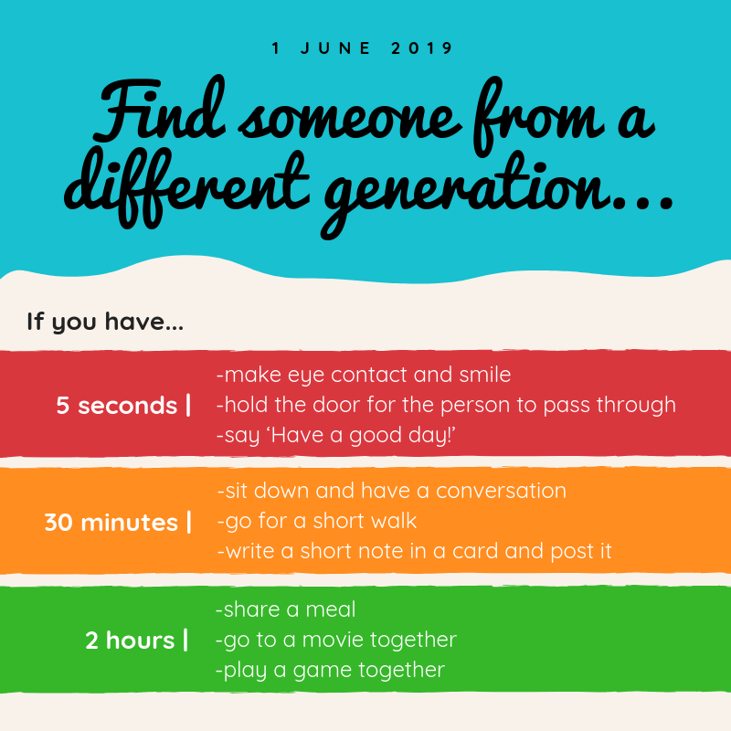 IFAgeing's tweet photo. Take some time to connect with someone from a different generation today. From small gestures to activities, every moment can be valuable. #IGDay https://t.co/Uf3BlCTEon