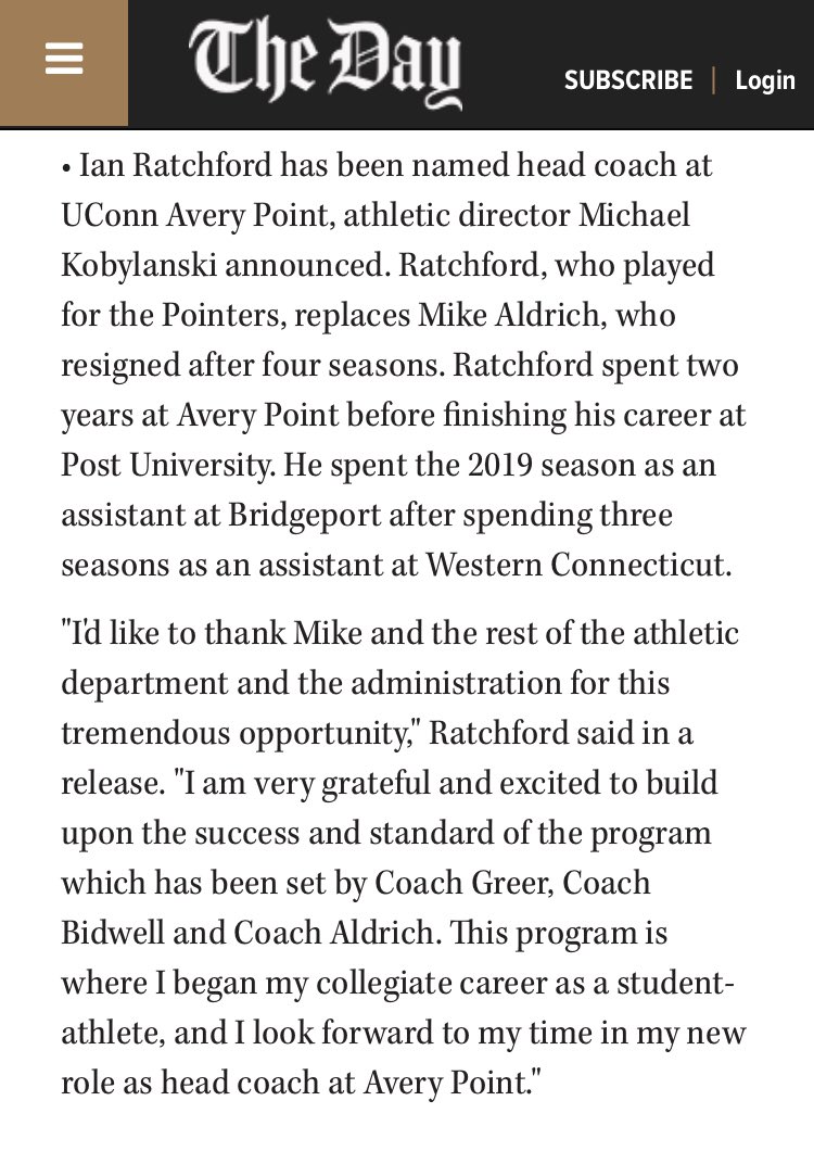 UCAP_Pointers's tweet photo. Announcement of Ian Ratchford’s hiring as @uconnaverypoint head baseball coach @UCAPBaseball in today’s edition of @thedayct https://t.co/w8JvwcQREy