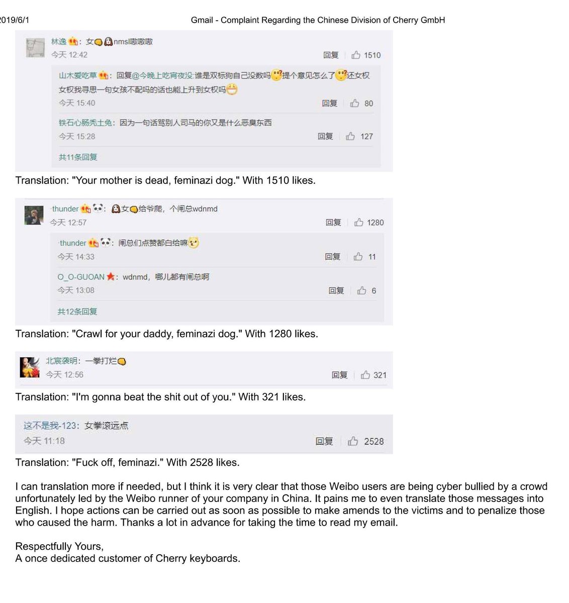 suew1996's tweet photo. An Open Letter to the China division of Cherry GmbH. 
It is a pity that I cannot simply file complaint to #CherryChina because its CEO seems to be rather supportive of the sexual discrimination and cyber bullying conducted by his staff.
#CherryChinaNeedSaySorryToWomen https://t.co/1CAzaCEvRm