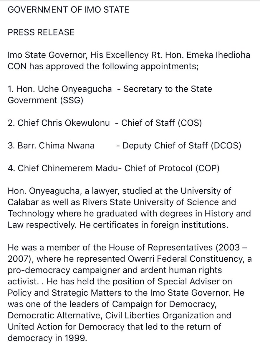 EmekaIhedioha's tweet image. I have approved the following appointments

Hon. Onyeagocha - SSG
Chief Okewulonu - COS
Barr. Nwana -DCOS
Chief Madu - Chief of Protocol.

Find the full press release below.👇

Thanks.