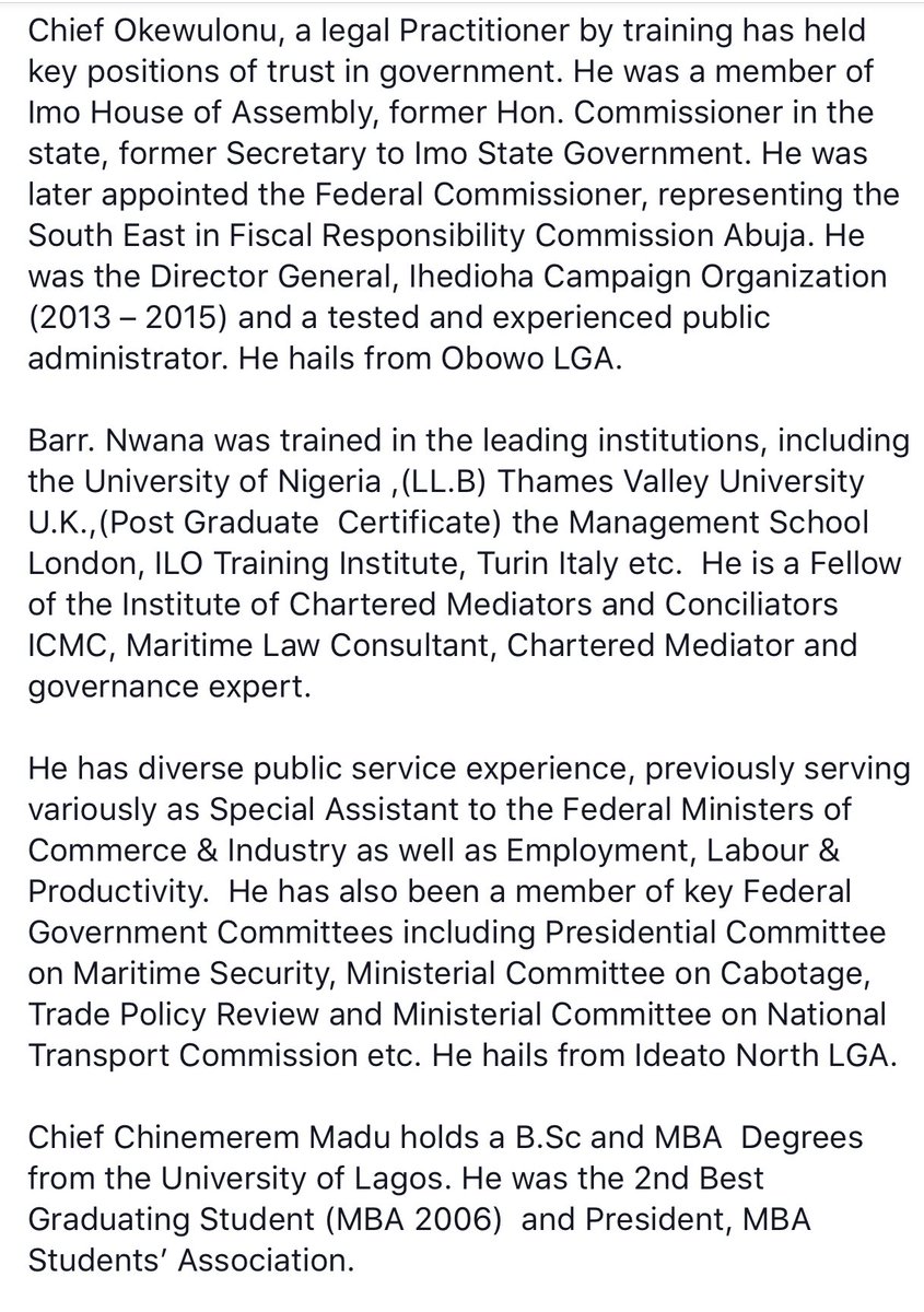 EmekaIhedioha's tweet image. I have approved the following appointments

Hon. Onyeagocha - SSG
Chief Okewulonu - COS
Barr. Nwana -DCOS
Chief Madu - Chief of Protocol.

Find the full press release below.👇

Thanks.