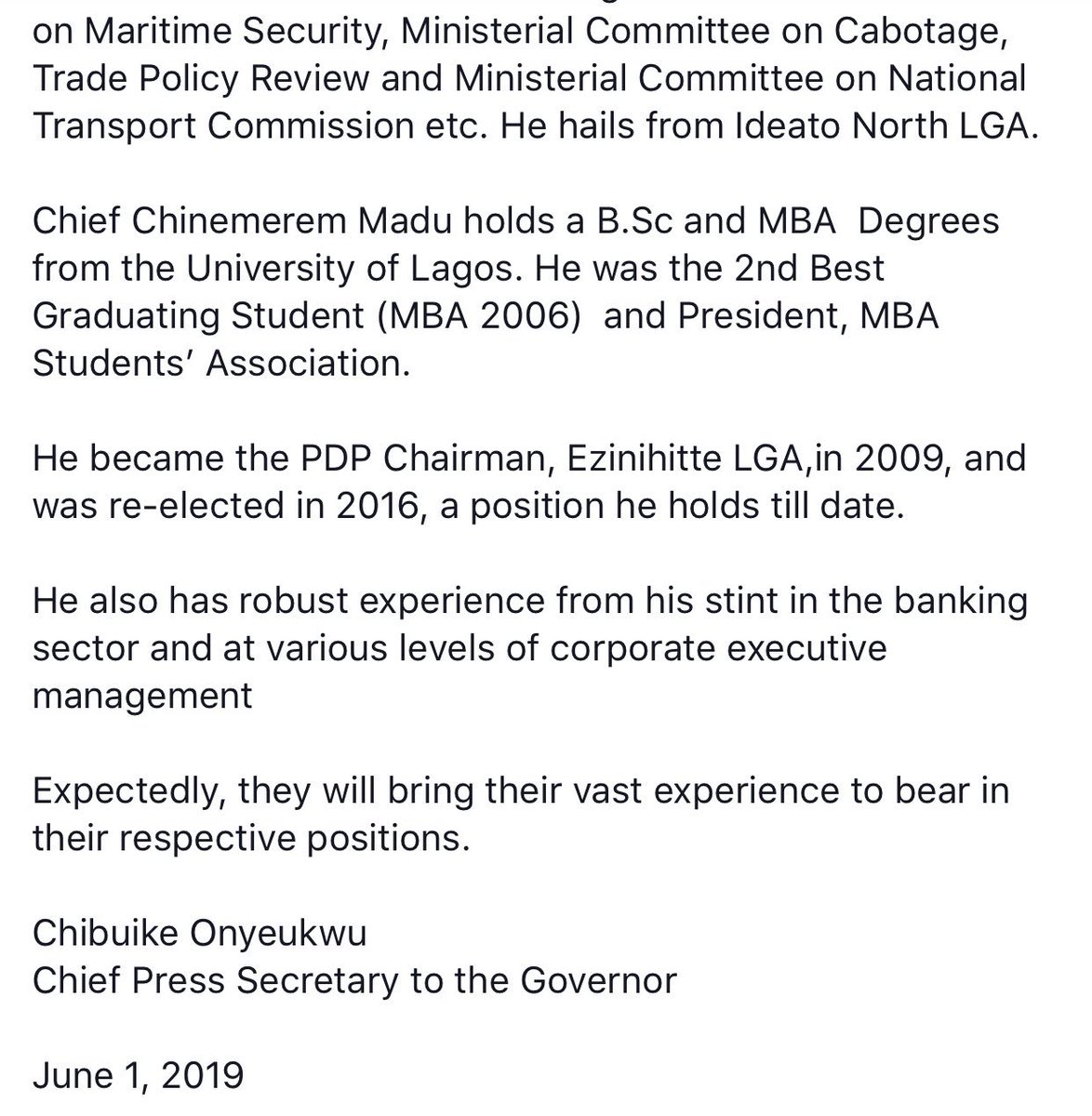 EmekaIhedioha's tweet image. I have approved the following appointments

Hon. Onyeagocha - SSG
Chief Okewulonu - COS
Barr. Nwana -DCOS
Chief Madu - Chief of Protocol.

Find the full press release below.👇

Thanks.