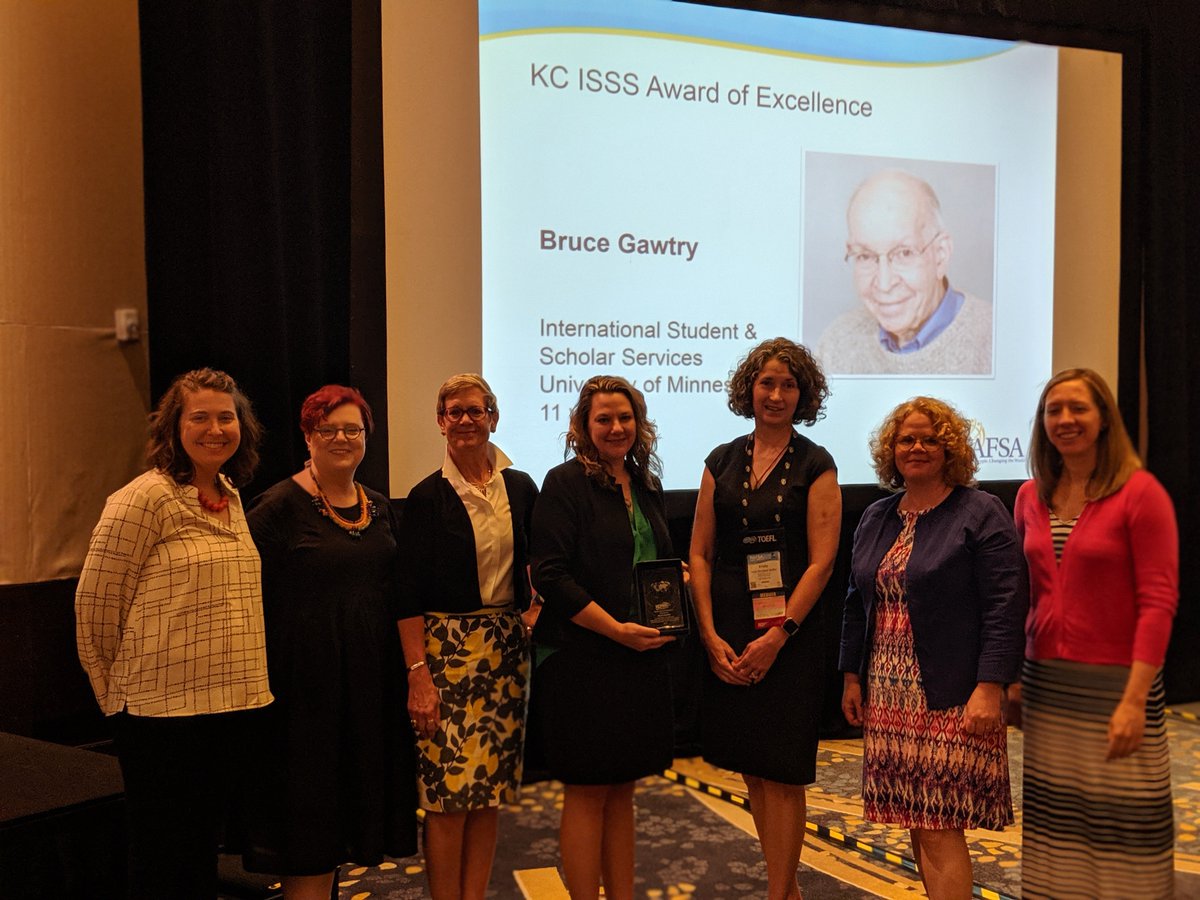isssumn's tweet photo. Thank you @NAFSA for this recognition of Bruce Gawtry's many decades of service to international students and scholars. We were honored and #UMNProud to accept the KC ISSS award at #NAFSA2019 on behalf of him and his family. https://t.co/2ep9Qf3LBt