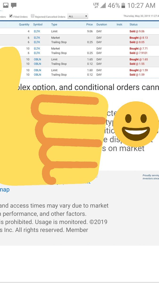 ZHakuin's tweet photo. #May30th
+5.07 #greenday today I used trailing stops for most of the trade. #Obln #Eltk are the stocks I traded. I think I will use trailing stops and actual stop-loss orders instead of mental stops for a while. GL2 @f1teamboss @tradewithtawhid @JustJack_K @Farlizard & more!! https://t.co/1efUbqEewS