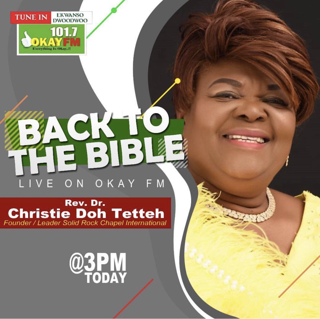 AbeikuSantana's tweet photo. “ Don’t let anybody waste your precious time , that God has called you for such a time like this “ Rev Dr Christie Doh Tetteh live on @Okay1017fm #BacktoTheBible #OkayfmDrivetime #AbeikuSantana #DespiteMedia #RadioLegend #OkayfmDrivetime https://t.co/fvQtSqsU0f
