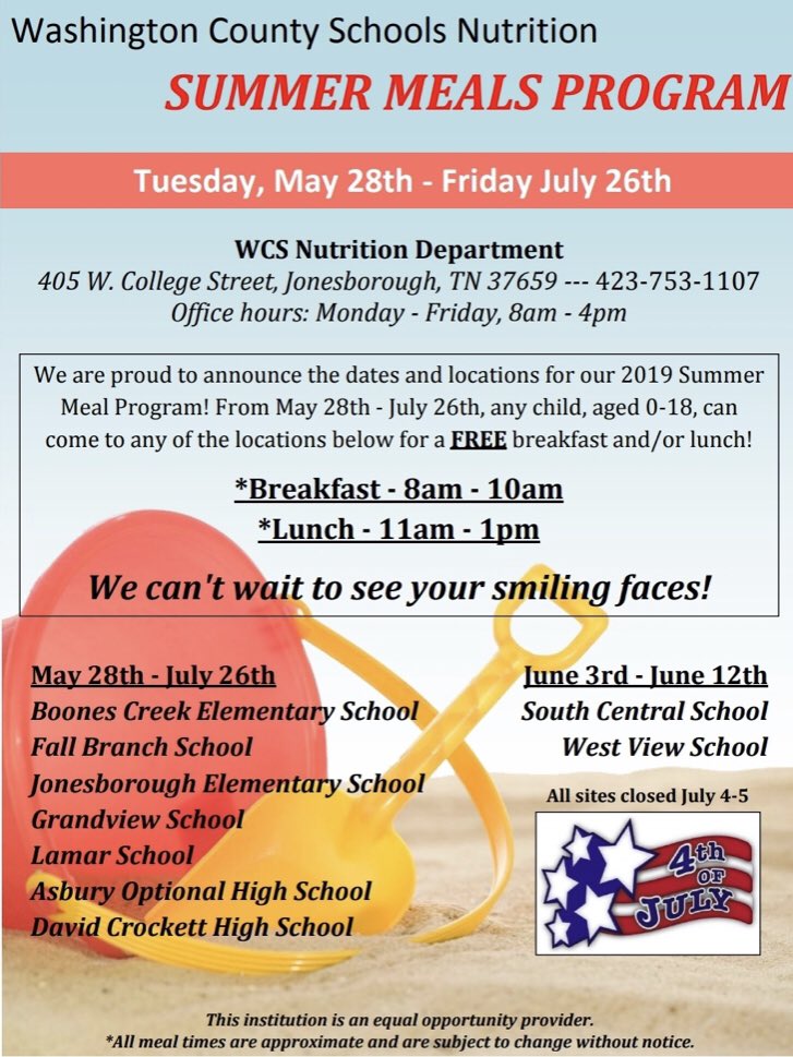WCDE Nutrition is providing a free breakfast 8 AM &amp; lunch 11 AM at FBS for any person 18 or younger on weekdays through July 28. Come enjoy!