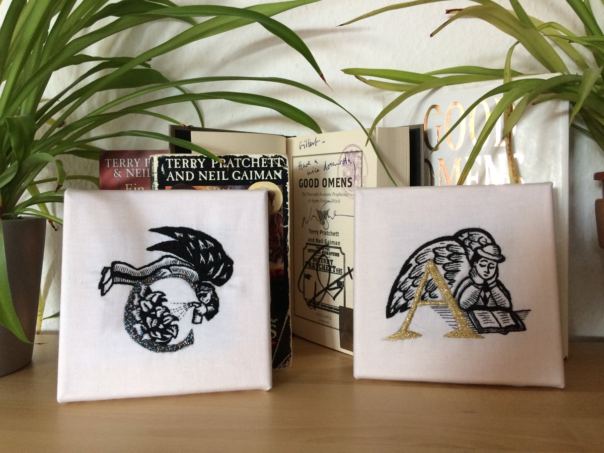 dolthalion's tweet photo. While I was (im)patiently waiting for @GoodOmensPrime to drop, I finally got round to mounting the Aziraphale and Crowley embroideries I was working on last month. (Featuring the copy that I lurked on the 2nd day of filming for to complete @neilhimself @terryandrob ) https://t.co/ssQw8NXAZN