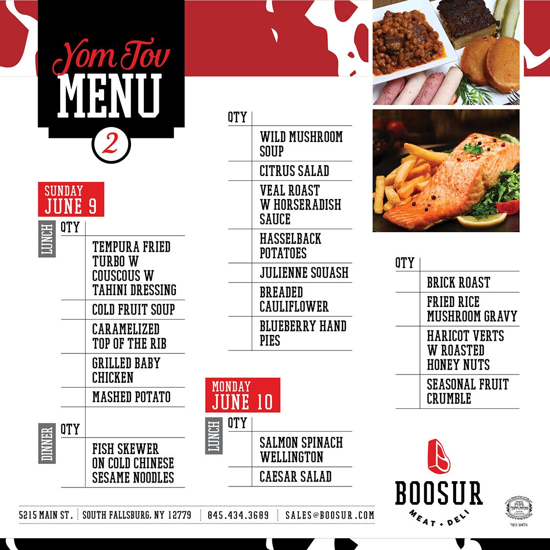 BoosurMeat's tweet photo. Our Yom Tov menu !
Pre-order your  Seudah – Kiddush – Simcha,
We will be open for walk-ins Erev Yom Tov Thursday &amp; 
5215 Main St, South Fallsburg, NY 12779  |  (845) 434-3689 | sales@boosur.com #boosur #kosher #deli #koshermeat #delicious #southfallsburg #catkills #shavuot2019 https://t.co/JJI7hnwVr3