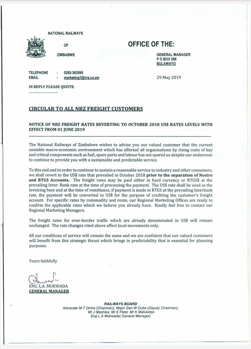 povonewstv's tweet photo. Notices from the Ministry of Lands & NRZ informing the public that all prices will either be in USD or the prevailing USD/RTGS exchange rate
Zimbabwe is dollarizing again
#Zimbabwe #RTGSDollar https://t.co/Mb13lCDC8O