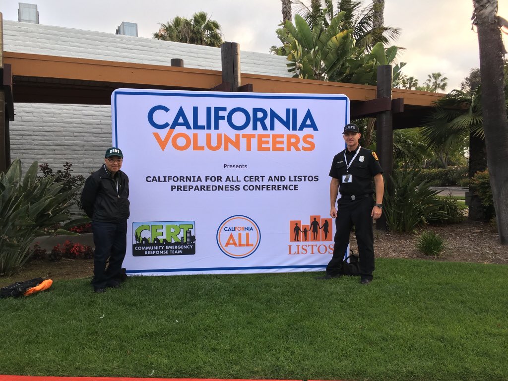 CertLAFD's tweet photo. @CertLAFD #CallOutTeam member Jackson Jang and @LAFD Disaster Preparedness Officer Capt. II John Ignatczyk take a moment between assisting arriving attendees at the #CERT #Preparedness Conference 2019. @CalVolunteers https://t.co/tbmOBOF0Ej