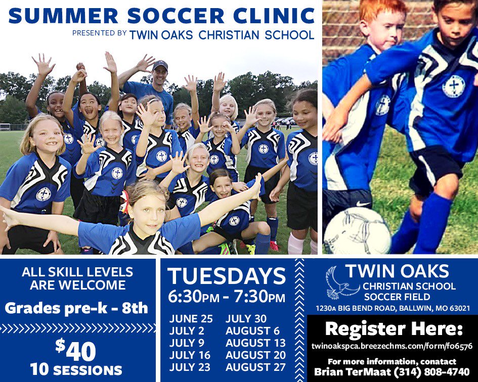 TwinOaksCS's tweet photo. Grow and refine those soccer skills by joining us this summer for the TOCS Summer Soccer Clinic starting on June 25! All skill levels welcome, pre-k through 8th Grade. $40 for 10 sessions. Additional details included in the attached image. ⚽ https://t.co/1GuLrmFxn5