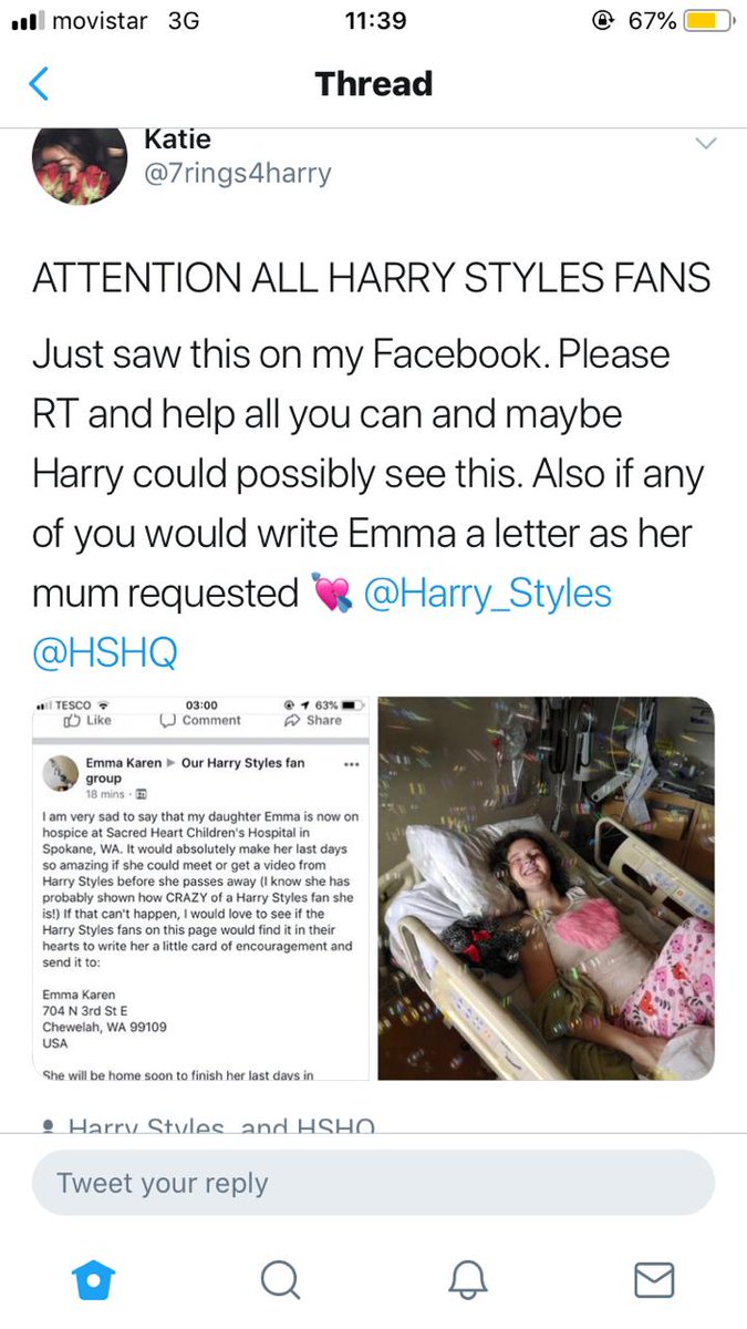 StylesHarryCL's tweet photo. Ella es Emma, quién sufre de un problema al corazón incurable.También su madre publicó en un grupo de fans de Harry pidiendo su podían ayudar a que Emma le conociera. Gracias a la cantidad de gente que se movió por redes sociales, se ha dicho que Harry haría hoy FaceTime con Emma https://t.co/eQcR9U4Dbi