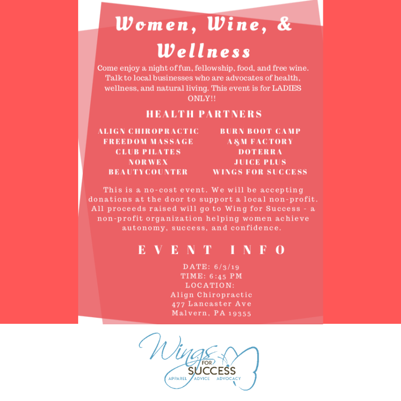 Wings4Success's tweet photo. Mark you calendars for Women, Wine &amp; Wellness at Align Chiropractic on Monday, June 3rd at 6:45PM to benefit Wings. Fun, fellowship, food and free wine while you learn from local health partners.
#ladysnight
#malvern
#chestercounty
#fun https://t.co/gkLrAkbsAs