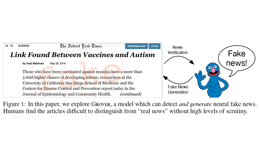 Today, we're sharing insights on how to defend against Neural Fake News, AI-written disinformation that looks like real news.🕵️‍♀️🛡️

Joint with <a href="/universeinanegg/">Ari Holtzman</a> @hjrashkin <a href="/ybisk/">Yonatan Bisk - not atttending any conferences</a> Ali Farhadi <a href="/franziroesner/">Franzi Roesner</a> &amp; <a href="/YejinChoinka/">Yejin Choi</a> at <a href="/uwcse/">Allen School</a> + <a href="/allen_ai/">Ai2</a>.

arxiv.org/abs/1905.12616

thread 1/4