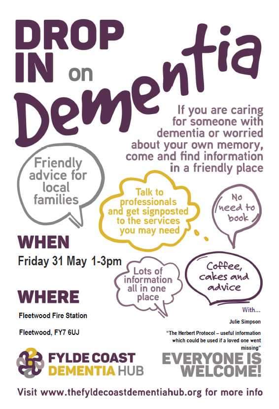 Don't forget the <a href="/FyldeCoastDem/">Fylde Coast Dementia 🍊</a> at Fleetwood Fire Station tomorrow Friday 31st May 1-3pm. Lots of information support and advice if you are living with dementia. See you there 😀