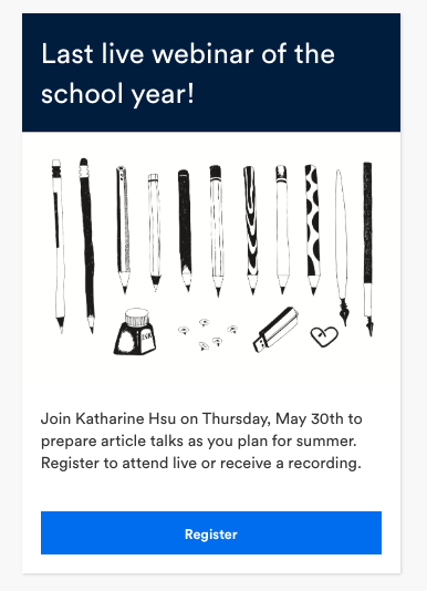 Katharinehsu1's tweet image. Are you struggling to keep momentum going for nonfiction rdg through the end of the year? I'm sharing "article talk" ideas with @Newsela texts TODAY at 5:30PM ET. (think: NF Book Talks!) Q&amp;amp;A after. Register now! newsela.workrails.com/item/098b7c4a-… #newselachat #ELAchat #engchat #ncte #ISTE19