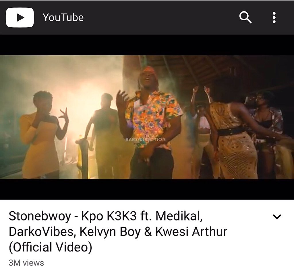 BurnitonMSG's tweet photo. #Kpok3k3 just hit 3 Million Views on @youtube !!! 🔥 
Thank you all
Keep streaming!!

cc: @stonebwoyb @kelvynboymusic_ @AmgMedikal @KwesiArthur_ @darkovibes https://t.co/YJCeXyIYeH