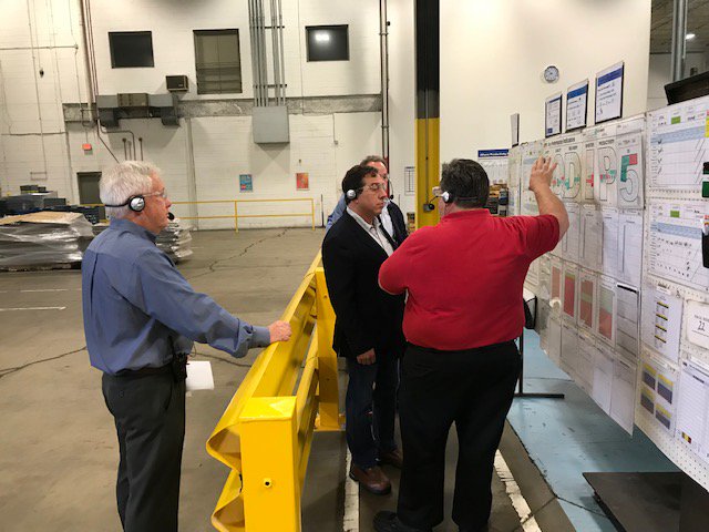 steelholding's tweet photo. Our Executive Chairman Warren Lichtenstein met with the employees of @OMGroofing in Addison for a plant tour and town hall discussion this week. #townhall #steelgrow #listening #gembawalk https://t.co/YnGRaGafo3