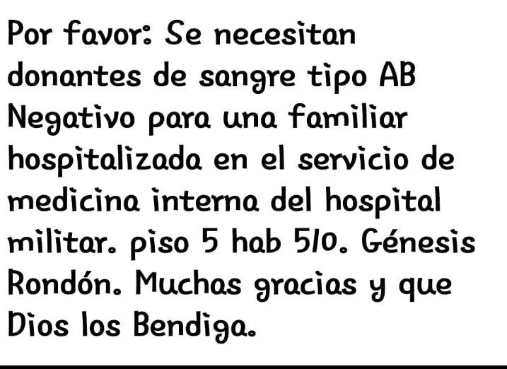 josemevaristo's tweet photo. Hola @alexagomez2000, tengo una prima delicada de salud en el Hospital Militar de Caracas. Necesita donantes de sangre y unos medicamentos. Me puedes ayudar con tu red por fa? Te agradezco mucho https://t.co/qixvEqOmtG