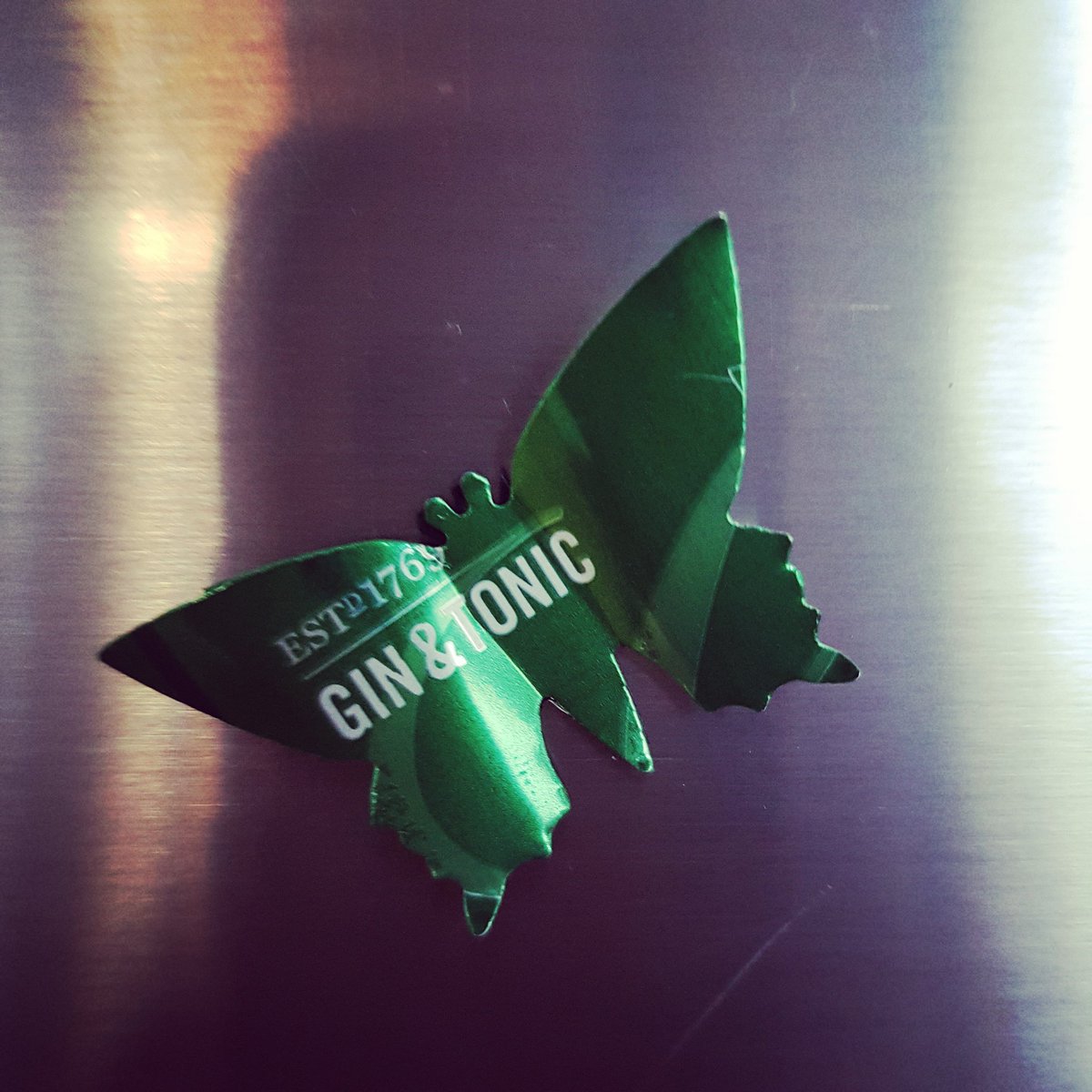 #GinADayMay Day 30 Upcycled 
A butterfly magnet from a Gordon's Gin in a can.